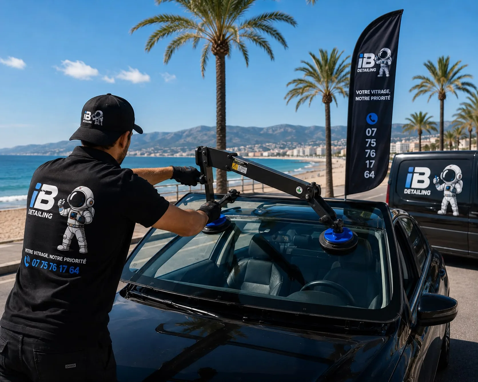 Technicien iB Detailing posant un pare-brise avec ventouses à domicile, au-dessus de la baie de la Côte d'Azur
